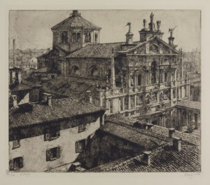 Paolo Mezzanotte, San Celso, 1932, stampa della serie "Milano vecchia e nuova", acquaforte, 350x412mm, Collezione privata.